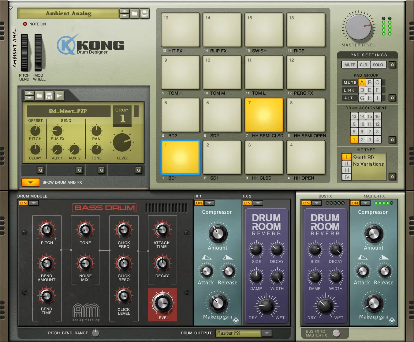 Official Kong Drum Designer screenshot with 16 pads and drum synthesis and effects controls