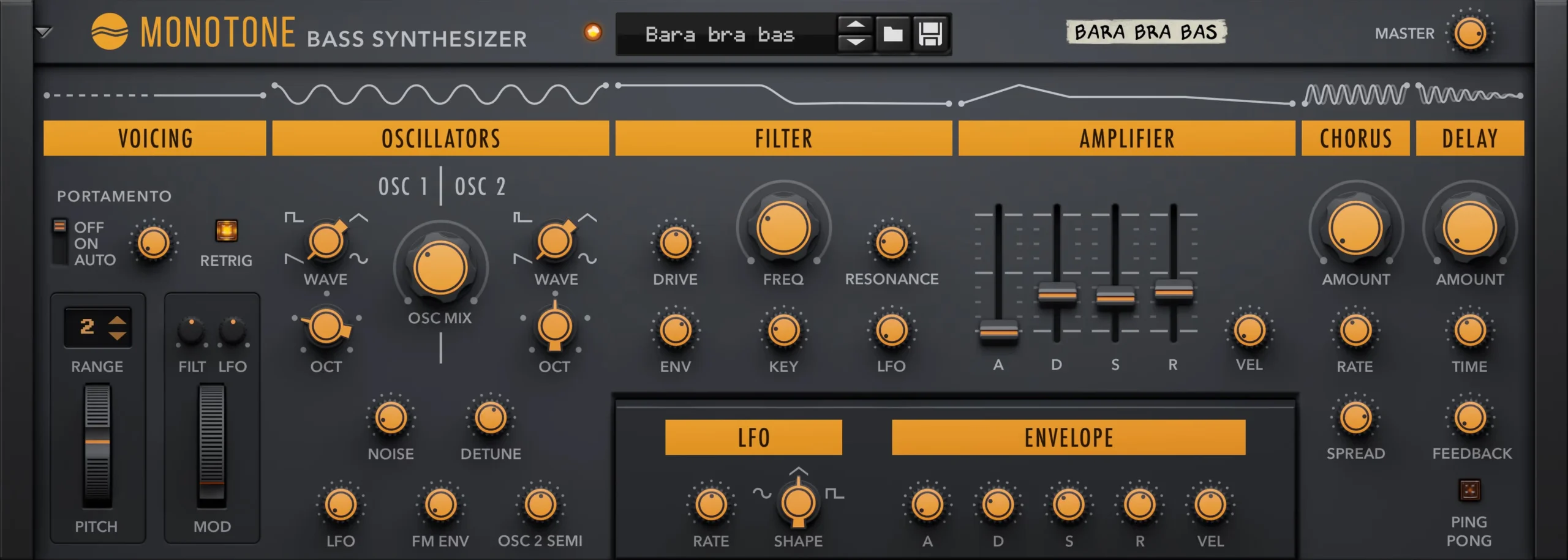 Official Monotone Bass Synthesizer interface showing portamento, oscillators, filter, and envelope controls